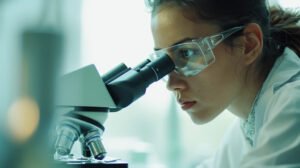 Mujer investigadora con microscopio. ¿Puede la IA ayudarte a hacer trabajos de investigación?